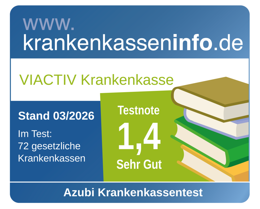 Die VIACTIV Krankenkasse wurde im März 2026 von www.krankenkasseninfo.de mit der Note 1,2 im Krankenkassentest für Azubis ausgezeichnet. | VIACTIV Krankenkasse