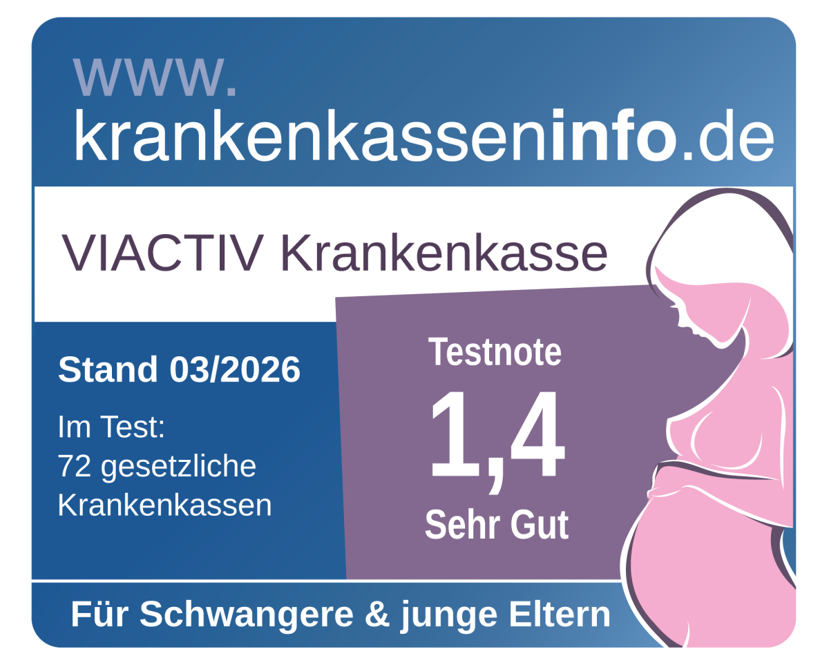 Die VIACTIV Krankenkasse wurde im März 2026 von www.krankenkasseninfo.de mit der Note 1,4 im Krankenkassentest für Schwangere und junge Eltern ausgezeichnet. | VIACTIV Krankenkasse