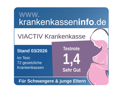 Die VIACTIV Krankenkasse wurde im März 2026 von www.krankenkasseninfo.de mit der Note 1,4 im Krankenkassentest für Schwangere und junge Eltern ausgezeichnet. | VIACTIV Krankenkasse