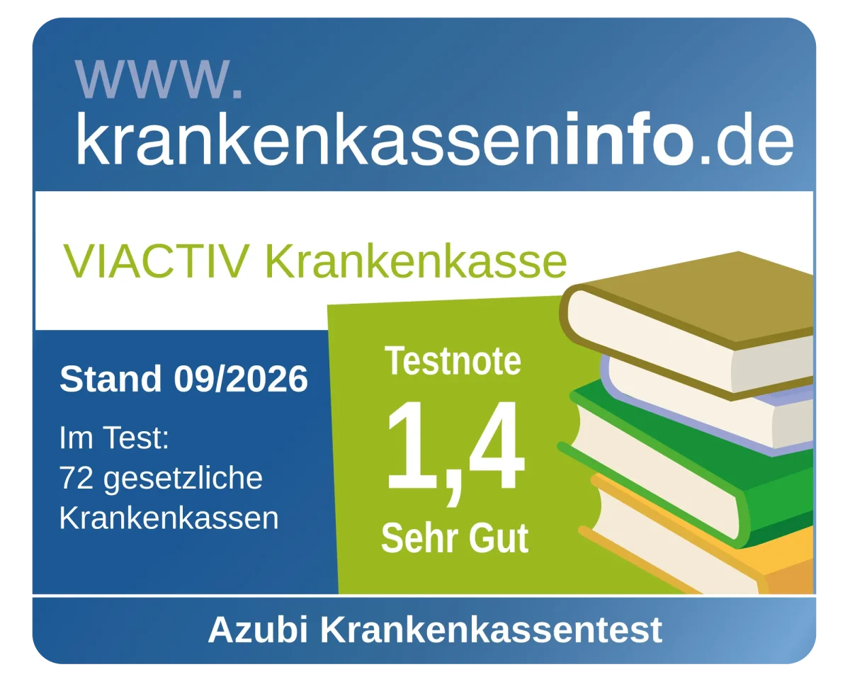 Die VIACTIV Krankenkasse wurde im September 2026 von www.krankenkasseninfo.de mit der Note 1,4 im Krankenkassentest für Azubis ausgezeichnet. | VIACTIV Krankenkasse