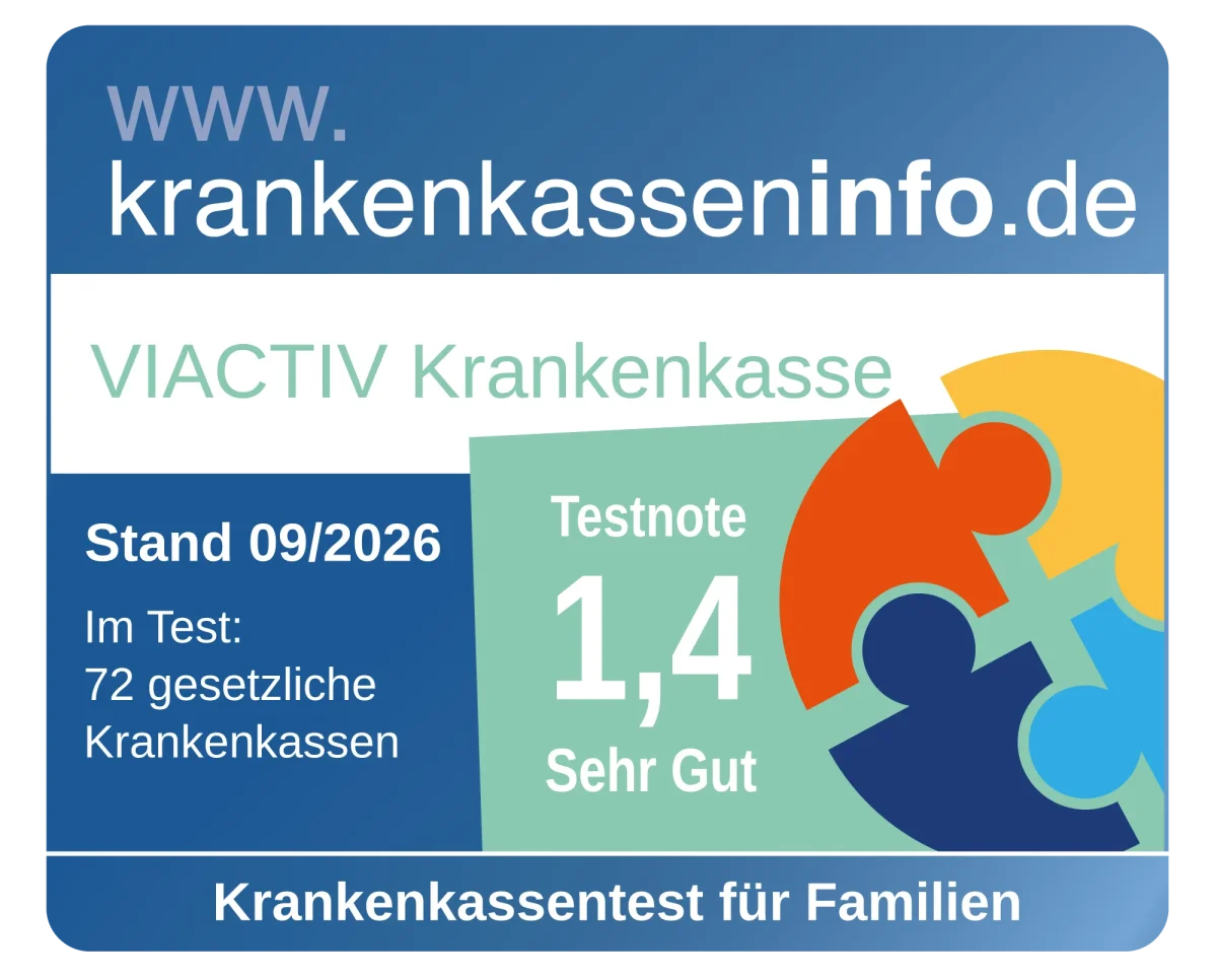 Die VIACTIV Krankenkasse wurde im September 2026 von www.krankenkasseninfo.de mit der Note 1,4 im Krankenkassentest für Familien ausgezeichnet. | VIACTIV Krankenkasse