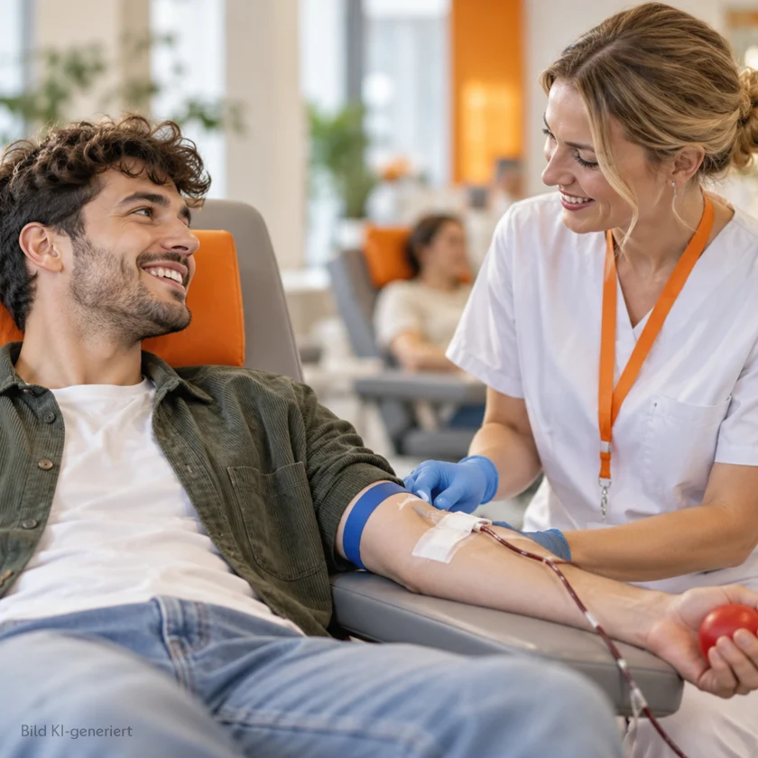 Ein junger Mann spendet Blut. Eine Krankenschwester sitzt bei ihm und lächelt ihn an. Im Hintergrund sitzt eine weitere Peson auf einer Liege. | VIACTIV Krankenkasse