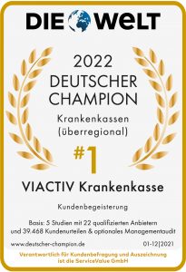Auszeichnung der VIACTIV als deutscher Champion. Platz 1 der Krankenkasse 2022