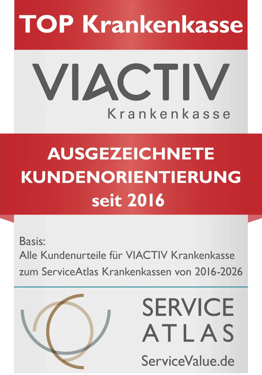 Siegel der VIACTIV Krankenkasse für eine ausgezeichnete Kundenorientierung seit 2016. Ausgestellt von Service Atlas im Jahr 2026. | VIACTIV Krankenkasse