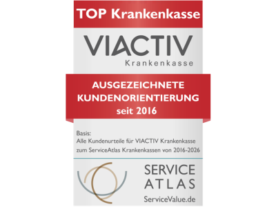Siegel der VIACTIV Krankenkasse für eine ausgezeichnete Kundenorientierung seit 2016. Ausgestellt von Service Atlas im Jahr 2026. | VIACTIV Krankenkasse