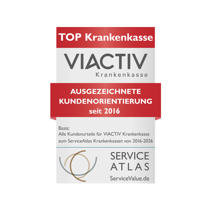 Siegel der VIACTIV Krankenkasse für eine ausgezeichnete Kundenorientierung seit 2016. Ausgestellt von Service Atlas im Jahr 2026. | VIACTIV Krankenkasse