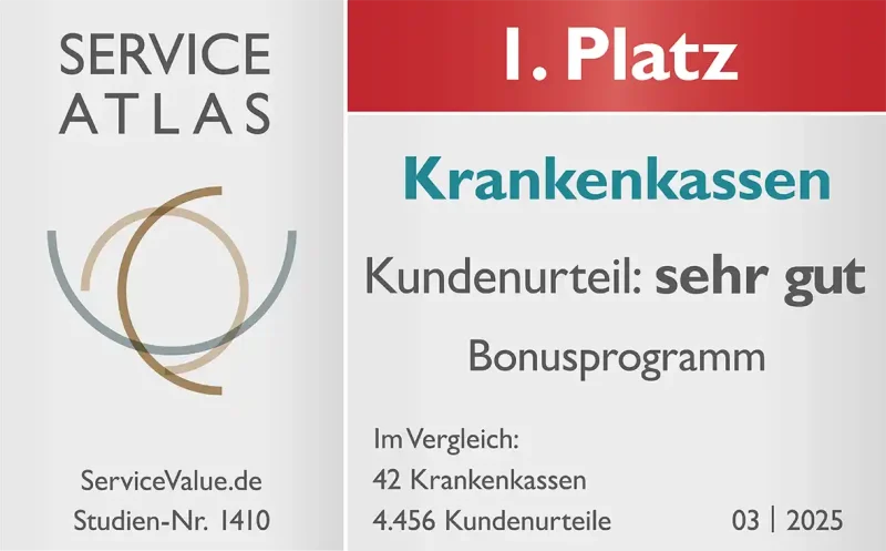 Siegel der VIACTIV Krankenkasse über den ersten Platz für das Bonusprogramm. Kundenurteil sehr gut. Ausgestellt von Service Atlas im Jahr 2025. | VIACTIV Krankenkasse