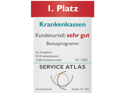Siegel der VIACTIV Krankenkasse über den ersten Platz für das Bonusprogramm. Kundenurteil sehr gut. | VIACTIV Krankenkasse