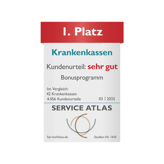 Siegel der VIACTIV Krankenkasse über den ersten Platz für das Bonusprogramm. Kundenurteil sehr gut. | VIACTIV Krankenkasse