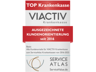 Siegel der VIACTIV Krankenkasse für eine ausgezeichnete Kundenorientierung seit 2016. Ausgestellt von Service Atlas im Jahr 2025. | VIACTIV Krankenkasse
