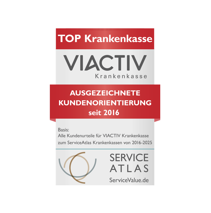 Siegel der VIACTIV Krankenkasse für eine ausgezeichnete Kundenorientierung seit 2016. Ausgestellt von Service Atlas im Jahr 2025. | VIACTIV Krankenkasse