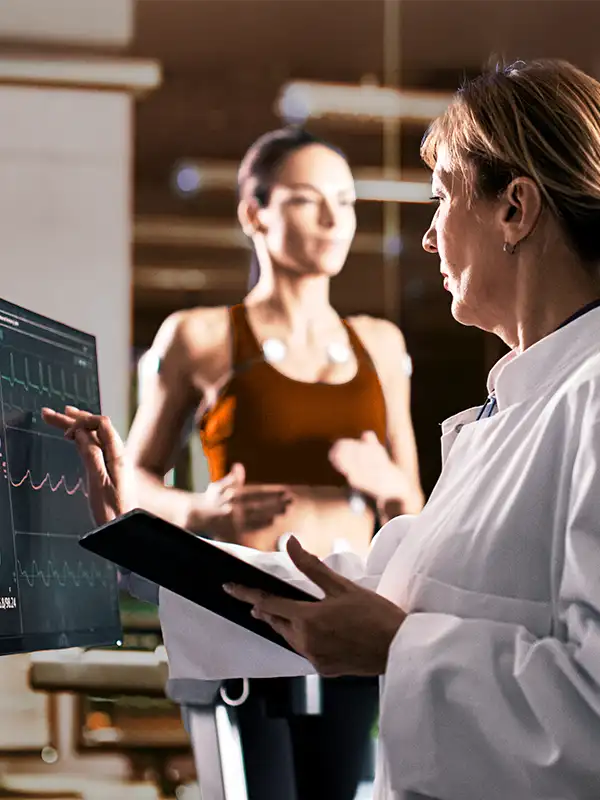 Eine Ärztin führt ein Belastungs-EGK bei einer Patientin im Rahmen des Sportchecks durch. | VIACTIV Krankenkasse