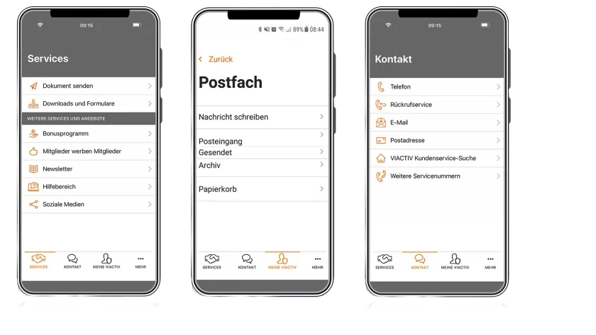 Auf drei Handydisplays sind Screenshots der VIACTIV Service App abgebildet. Es ist das Menü, das Postfach und die Kontaktmöglichkeit zu sehen. | VIACTIV Krankenkasse