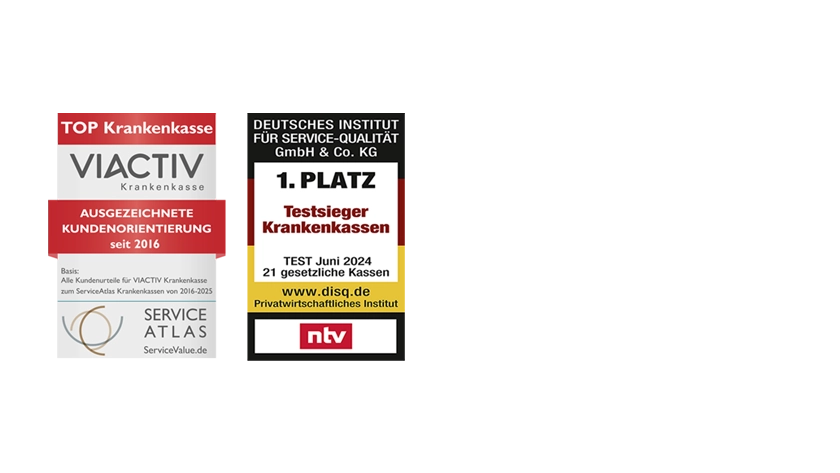 Zwei Auszeichnungen für die VIACTIV Krankenkasse. Ausgestellt von Service Atlas für eine ausgezeichnete Kundenorientierung seit 2016 und ausgestellt von NTV für den ersten Platz der gesetzlichen Krankenkassen. | VIACTIV Krankenkasse
