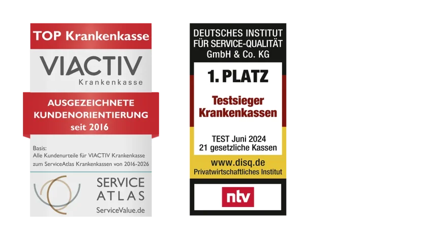Zwei Auszeichnungen für die VIACTIV Krankenkasse. Ausgestellt von Service Atlas für eine ausgezeichnete Kundenorientierung seit 2016 und ausgestellt von NTV für den ersten Platz der gesetzlichen Krankenkassen. | VIACTIV Krankenkasse