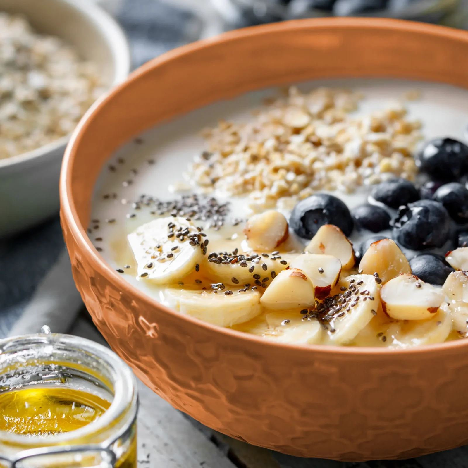 Eine Frühstücksbowl aus Haferflocken, Chiasamen und frischem Obst in einer Holzschale. | VIACTIV Krankenkasse