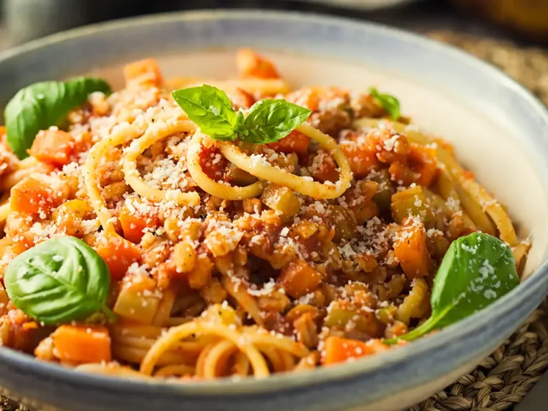 Nudeln mit Linsen-Bolognese und Basilikumblättern in einem Teller. | VIACTIV Krankenkasse