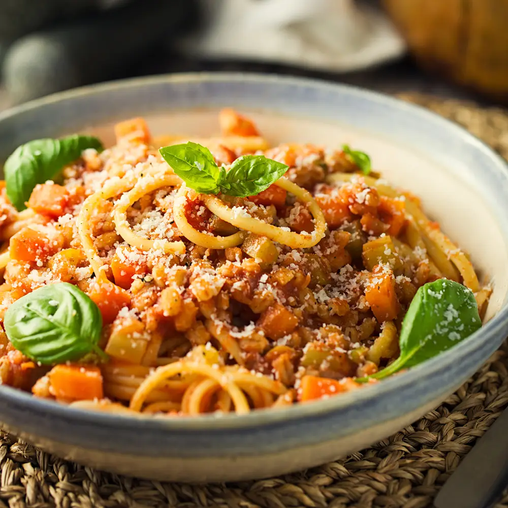 Nudeln mit Linsen-Bolognese und Basilikumblättern in einem Teller. | VIACTIV Krankenkasse