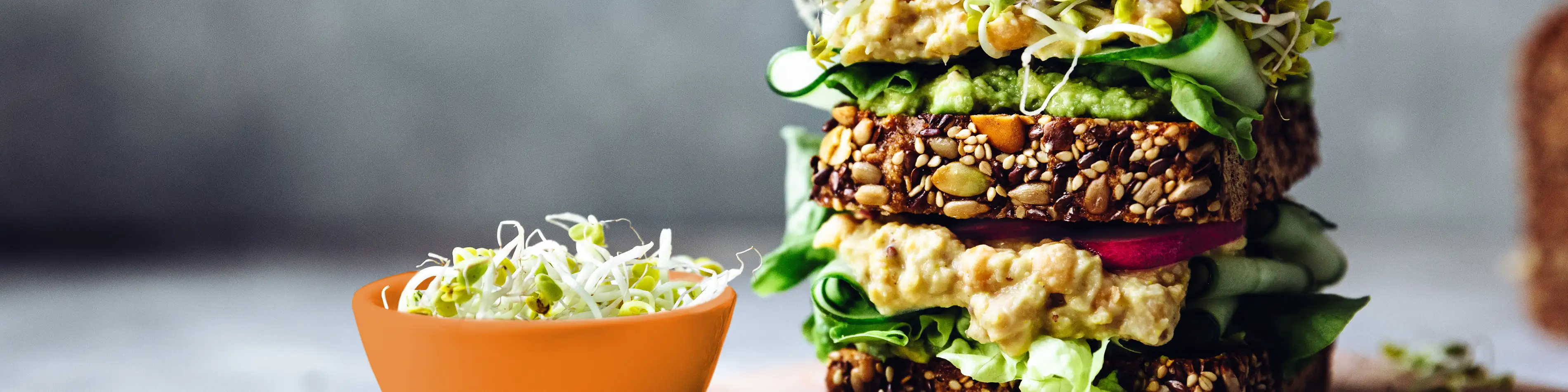 Ein mehrlagiges Sandwich aus Vollkornbrot und frischem Gemüse neben einer orangenen Schale mit Salat. | VIACTIV Krankenkasse