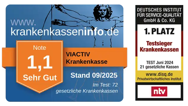 Zwei Siegel für die VIACTIV Krankenkasse: Krankenkasseninfo bewertet die Leistungen mit Sehr gut (1,1) und bei ntv ist die VIACTIV Testsieger geworden. | VIACTIV Krankenkasse