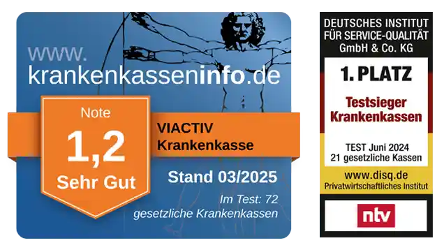 Zwei Siegel für die VIACTIV Krankenkasse: Krankenkasseninfo bewertet die Leistungen mit Sehr gut (1,2) und bei ntv ist die VIACTIV Testsieger geworden. | VIACTIV Krankenkasse