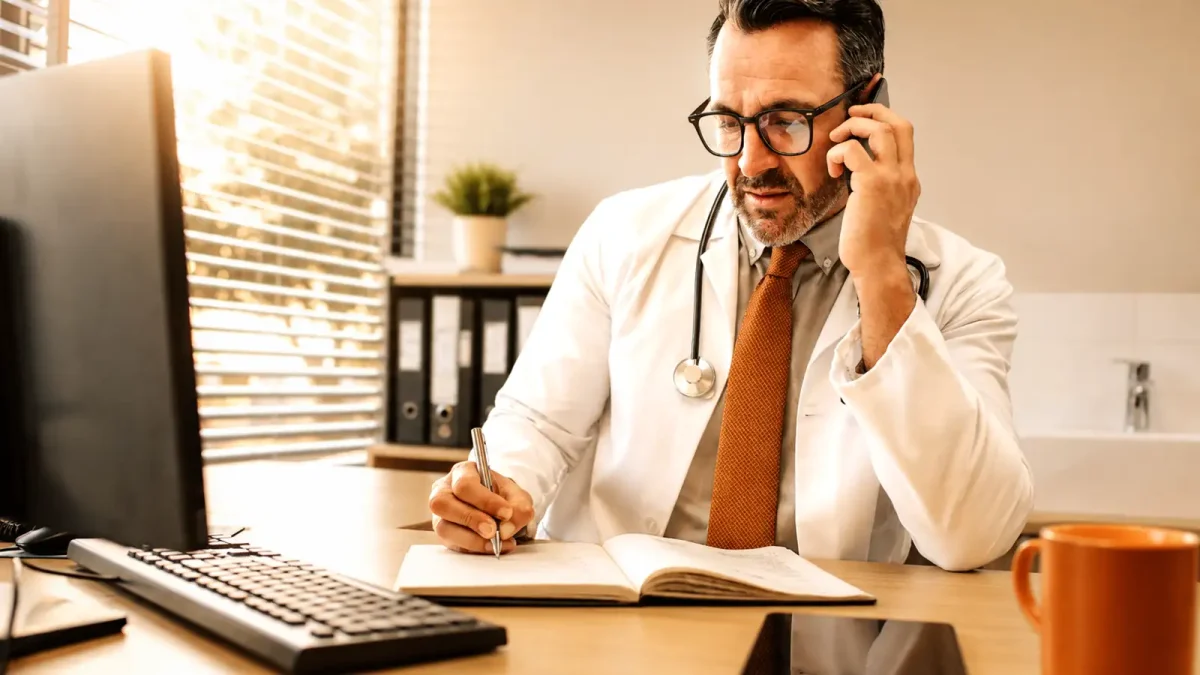 Ein Gesundheitsexperte telefoniert über sein Handy. | VIACTIV Krankenkasse