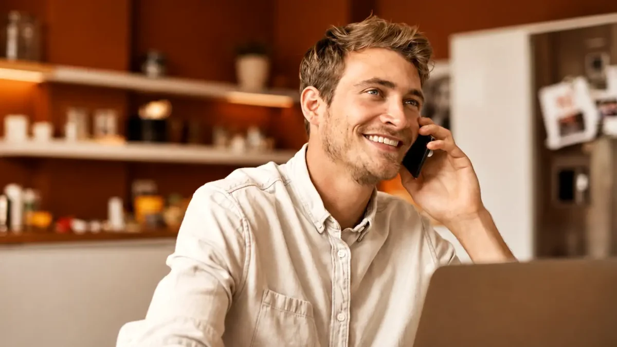 Ein Mann telefoniert mit seinem Mobiltelefon und lächelt dabei. | VIACTIV Krankenkasse