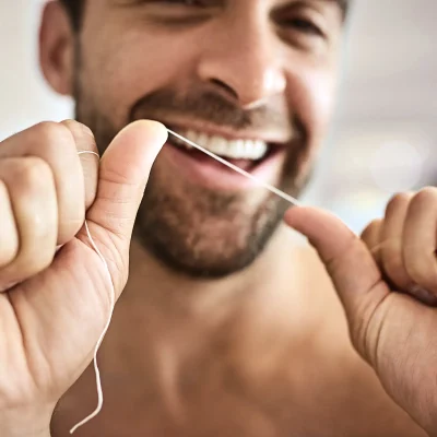 Ein Mann hält einen Faden Zahnseide gespannt zwischen den Händen und lacht in die Kamera. | VIACTIV Krankenkasse