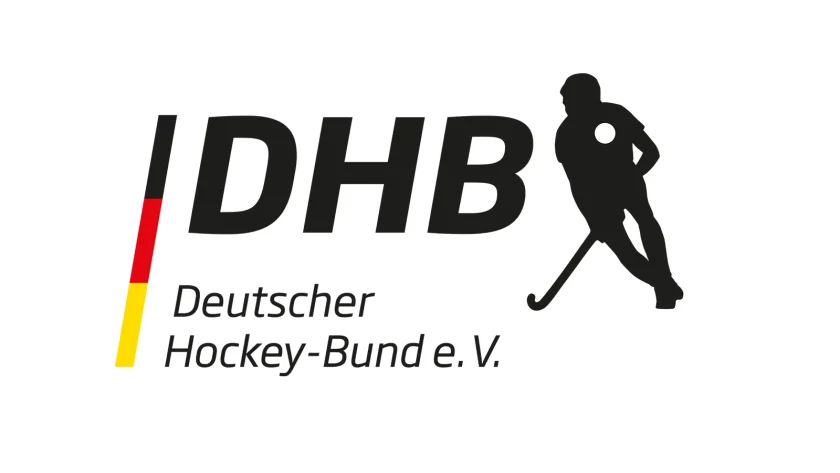 Das Logo des Deutschen Hockey Bunds zeigt in großen Buchstaben die Abkürzung DHB. Rechts daneben in eine schwarze Skizze eines Hockeyspielers abgebildet. | VIACTIV Krankenkasse