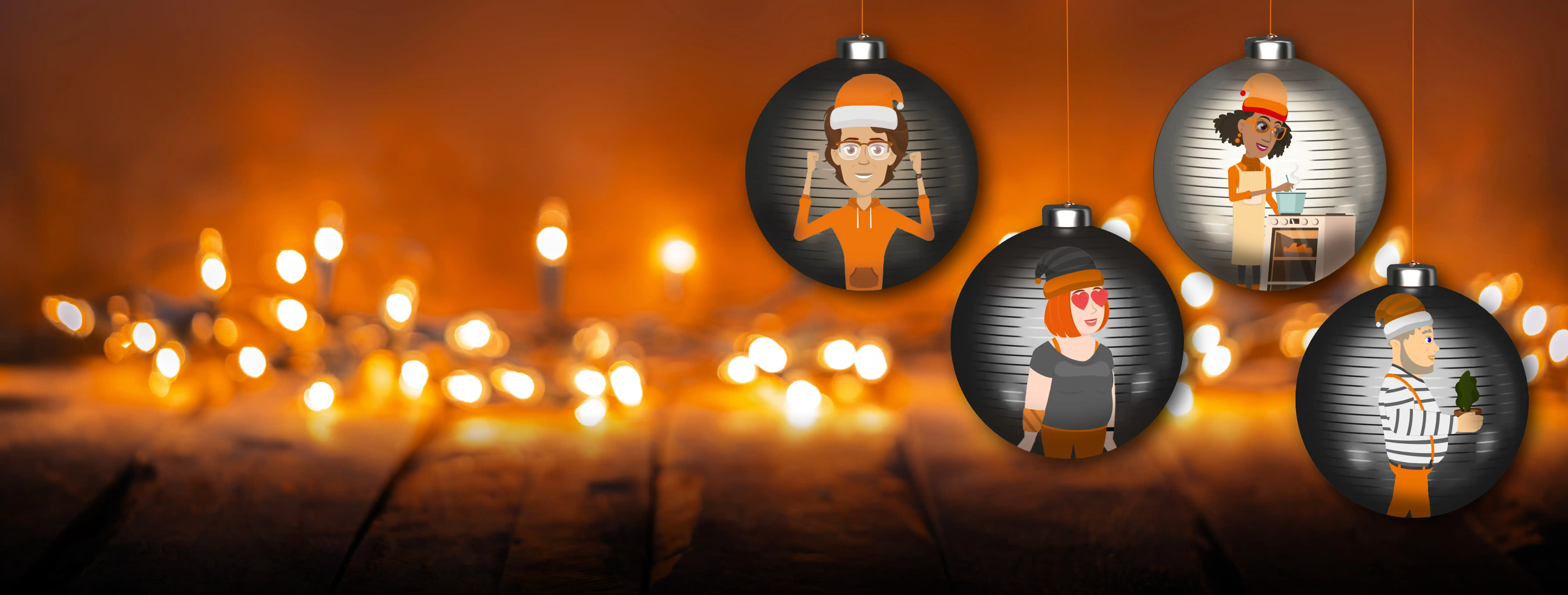 Vier Weihnachtscoaches der VIACTIV sind in Weihnachtskugeln dargestellt. | VIACTIV Krankenkasse