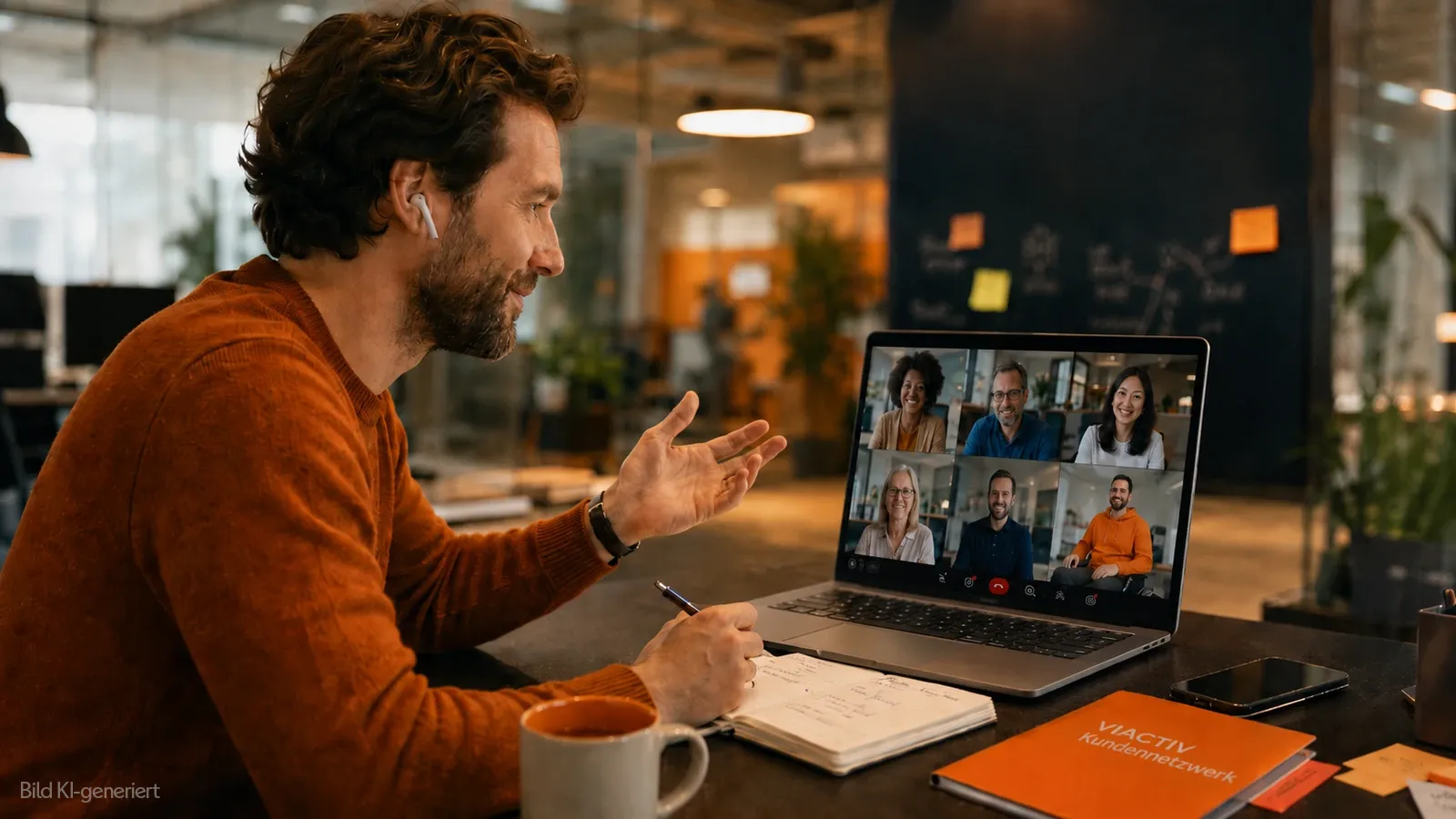 Ein Mann mit In-Ear-Kopfhörern sitzt an einem Schreibtisch und nimmt an einem Videomeeting mit mehreren Personen teil. | VIACTIV Krankenkasse