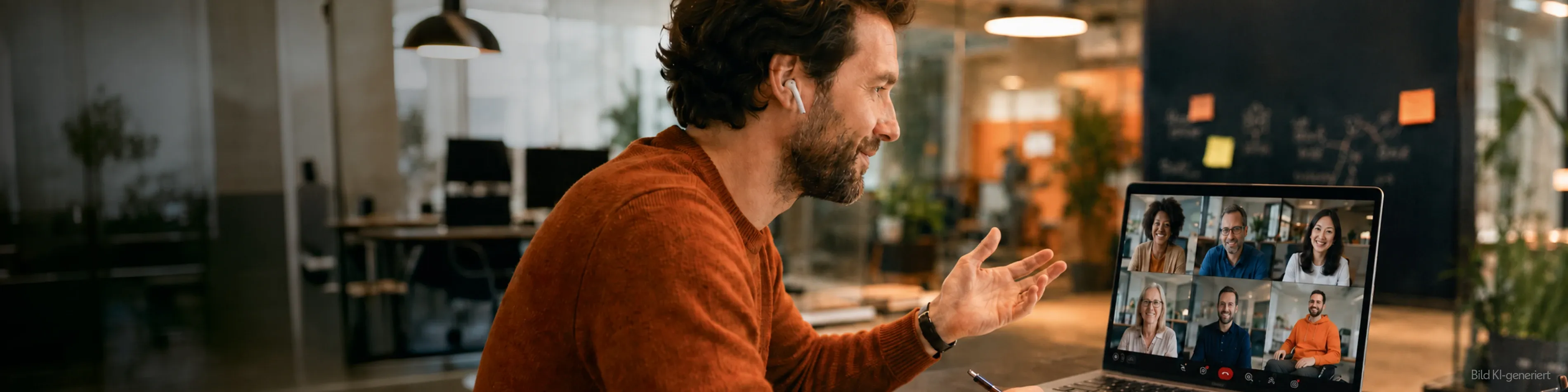 Ein Mann mit In-Ear-Kopfhörern sitzt an einem Schreibtisch und nimmt an einem Videomeeting mit mehreren Personen teil. | VIACTIV Krankenkasse