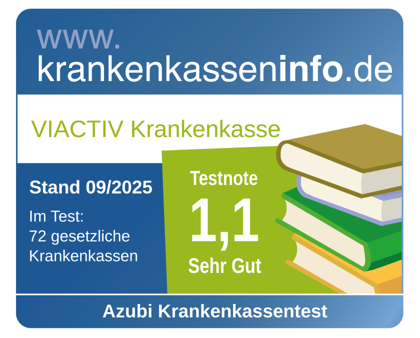 Die VIACTIV Krankenkasse wurde im September 2025 von www.krankenkasseninfo.de mit der Note 1,1 im Krankenkassentest für Azubis ausgezeichnet. | VIACTIV Krankenkasse