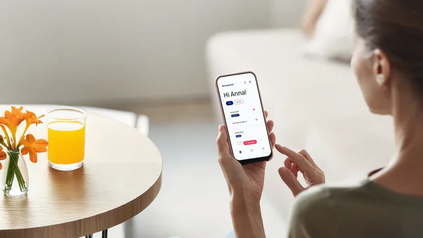 Eine Frau hat die Hautarzt-App von Dermanostic auf ihrem Smartphone geöffnet. Sie schaut auf ihr Handy. | VIACTIV Krankenkasse